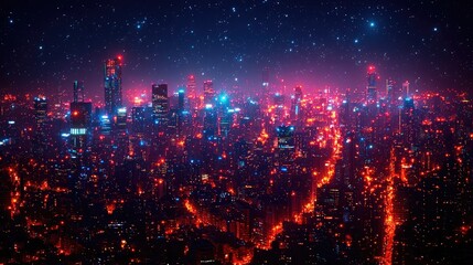 Vibrant city skyline at night with colorful lights and stars in the background
