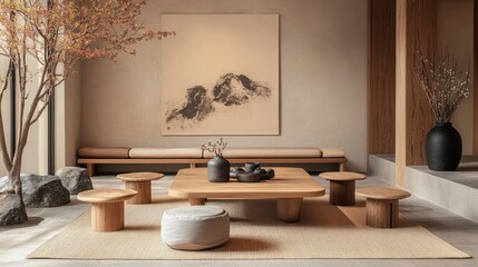 Serene interior features minimalist furniture and natural elements throughout design