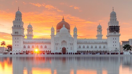 Naklejka premium Majestic Mosque Sunset Islamic Architecture Golden Hour Reflection Travel