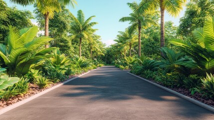 Obraz premium Tranquil Pathway Through Verdant Tropical Foliage a Peaceful Escape Into Nature's Beauty and Serenity