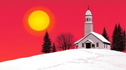 Winter Landscape Church At Sunset Artistic Graphic Illustration Rural Scene Snowy Hillside Religious Building With Tower And Pines