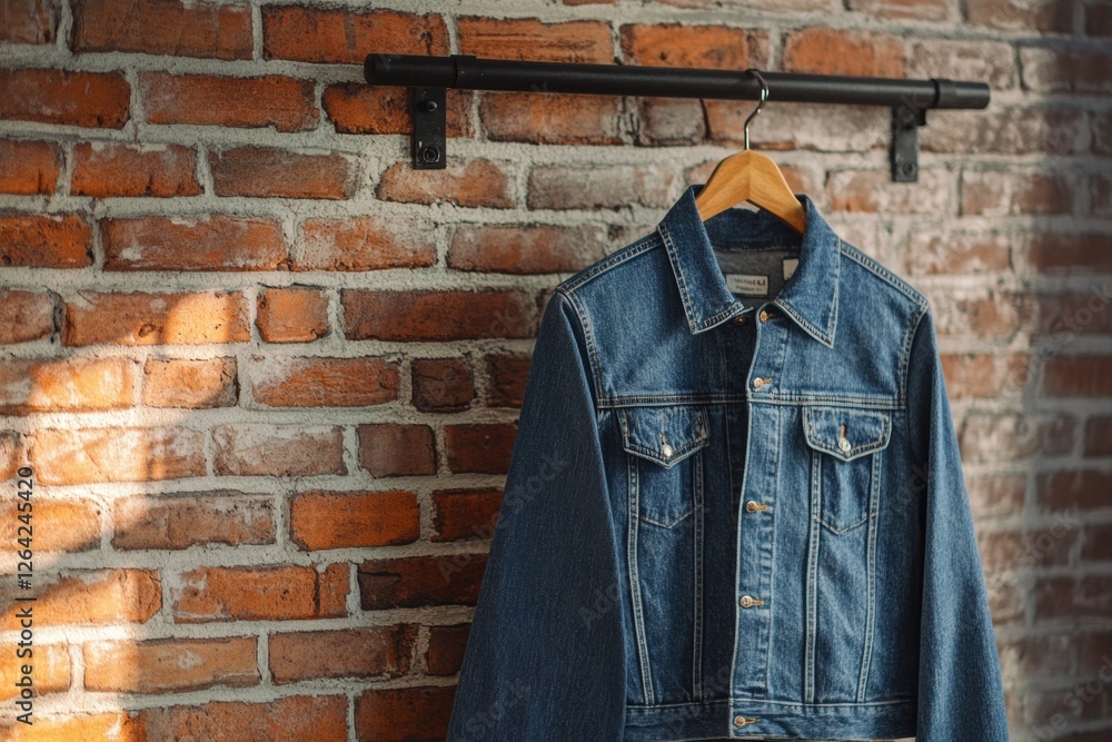 Aufkleber denim jacket hanging on rustic brick wall showcasing urban style with space for text presentation. g