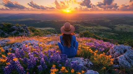 Woman Contemplates Sunset Over Rolling Hills and Wildflowers