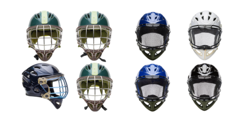 Various Hockey Helmets Displayed on a White Background