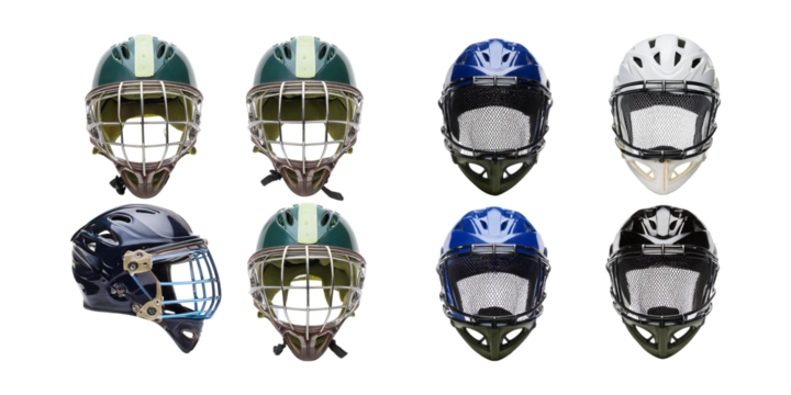 Various Hockey Helmets Displayed on a White Background