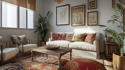 Bohemian Living Room:  Warm, Sunlit Space with Vibrant Textiles and Artwork