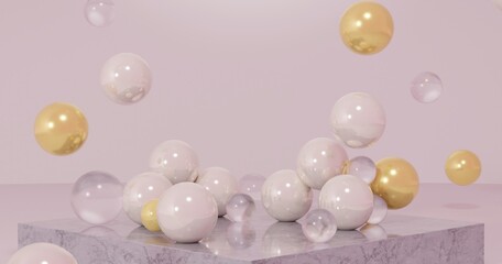 Pink and gold festive banner with marble podium for presentation design. Floating balloons, marble podium, and pink interior with space in center. Elegant balloon theme background. 3D render scene.