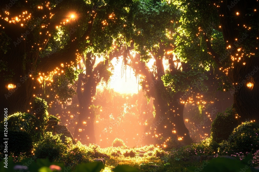 Wall mural Magical forest with glowing lights. Pathway view through sunlit trees for fantasy art