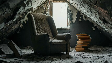 Obraz premium Dusty Attic Room Abandoned Chair Books Peeling Paint Forgotten Memories