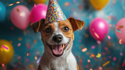 Happy dog wearing a party hat, celebrating with colorful balloons and confetti in the background