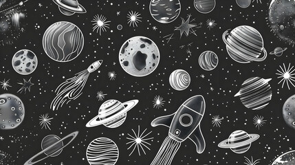 Illustrative space scene featuring various planets, stars, and a rocket traveling through the cosmos