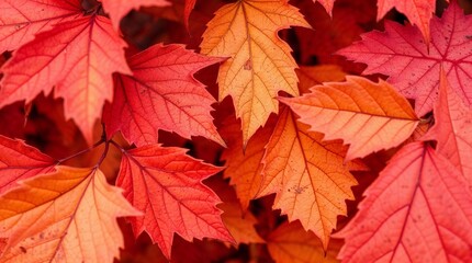 Bright red autumn leaves background, colorful fall foliage texture
