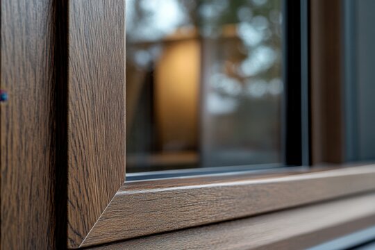 Fototapeta A close up of a dark brown wood grain window
