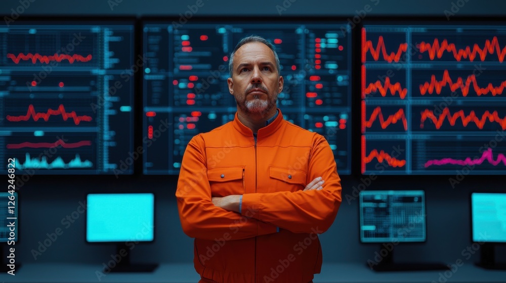 Poster Confident professional in an orange suit stands before multiple screens displaying data, symbolizing modern technology and analytics.