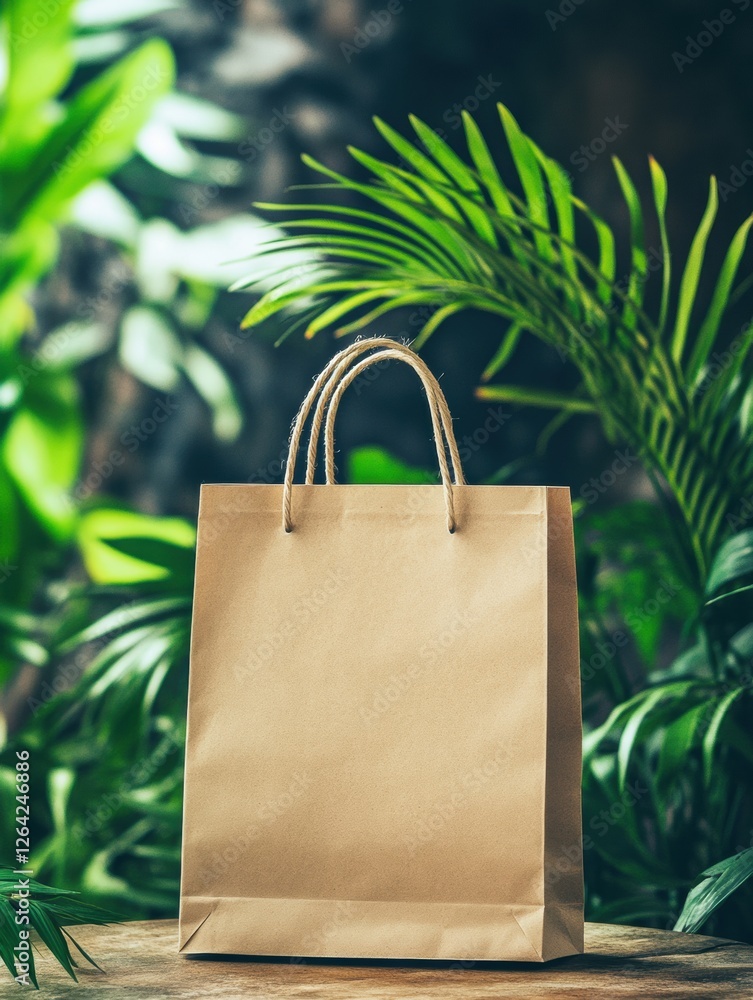 Poster eco friendly paper bag on display with lush green plants in a natural setting perfect for sustainabl