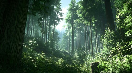 Sunlit Forest Path With Lush Green Trees