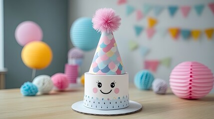 A cheerful birthday cake with a smiling face and colorful party decorations in a festive setting