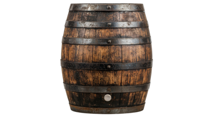 A vintage wooden barrel showcasing rustic charm and craftsmanship, perfect for storing beverages like wine or whiskey.