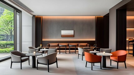 Modern Hotel Lounge Interior with Orange and Gray Seating