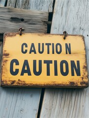 Rustic Caution Sign: A weathered, yellow caution sign with bold black lettering leans against a...