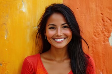 Fototapeta premium Smiling woman with long dark hair against a vibrant orange and yellow wall. Ideal for themes of happiness, beauty, and diversity in marketing.