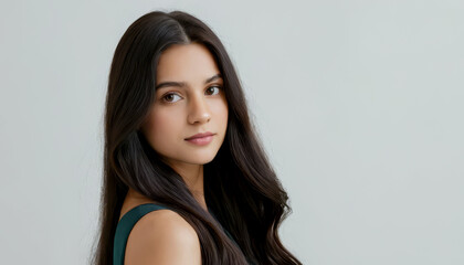 Portrait of a young woman with long dark hair wearing a green top against a neutral background, looking at the camera with a calm expression