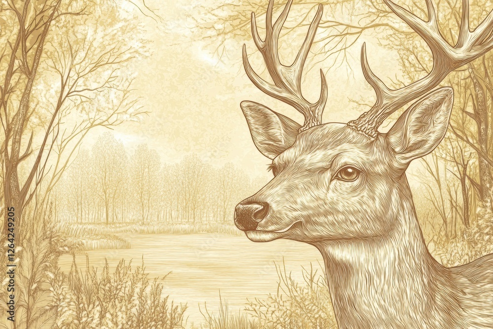 Aufkleber engraved deer portrait showcasing intricate line work and sepia tones with space for text in natural