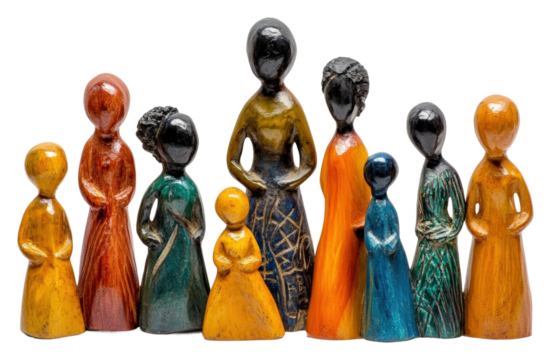Colorful wooden figurines celebrating diversity studio culture isolated on transparent background