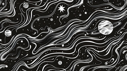 Abstract cosmic scene featuring swirling patterns, planets, stars, and a dark background, suitable for digital art