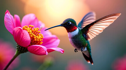 Vibrant hummingbird hovers near a pink flower, wings outstretched, bathed in warm sunset light. Nature's beauty captured!