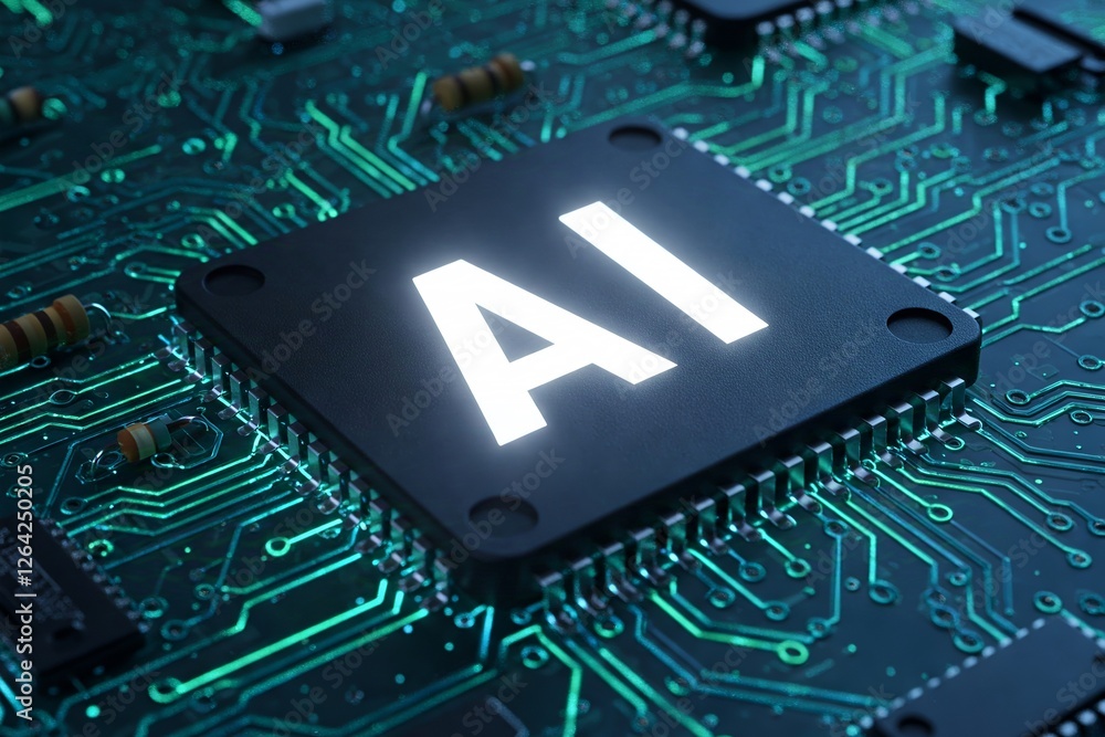 Poster close-up of a black microchip labeled 