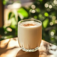 Creamy beverage with cinnamon on a wooden table against a blurred green background