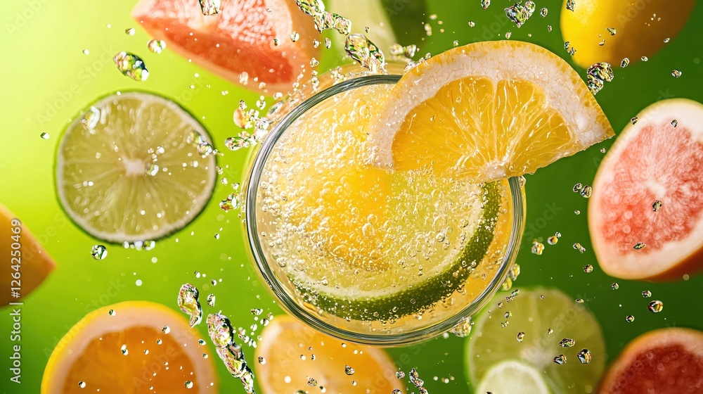 Poster refreshing citrus cocktail with sparkling bubbles and vibrant fruit slices on green backdrop
