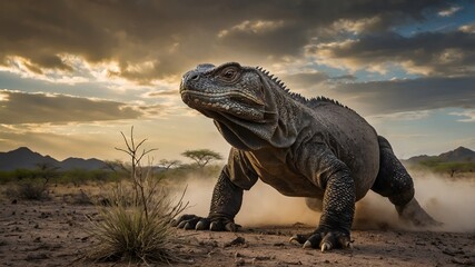 Fototapeta premium Savage Pursuit: Komodo Dragon Hunting Through Savanna Beneath Stormy Sky