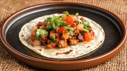 Delicious taco on rustic plate with fresh cilantro and tomato salsa on woven mat