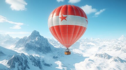 Naklejka premium Red Hot Air Balloon Flight Above Snowy Mountain Peaks Under a Blue Sky Perfect Dreamlike Adventure Concept