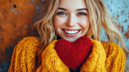 woman with joyful expression holds knitted red heart, wearing cozy yellow sweater against rustic background