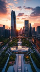 Obraz premium Stunning sunset cityscape view over modern skyscrapers and a circular plaza with lush greenery.