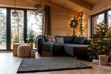 Fototapeta premium Christmas tree in cozy log cabin living room with snowy forest view for holiday ad