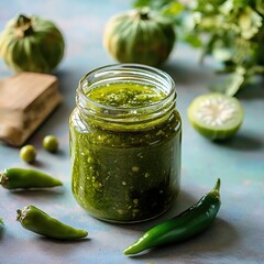 Green salsa verde in glass jar with tomatillos and jalapeno peppers on rustic surface