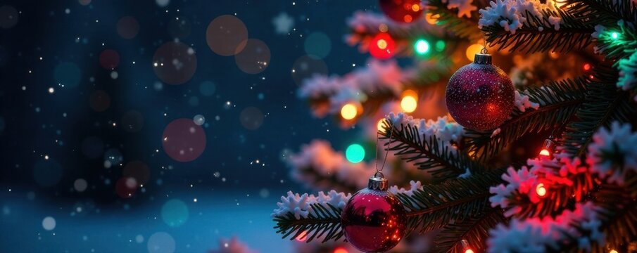 Sparkling Christmas tree with colorful ornaments and lights , holiday, twinkling, shining