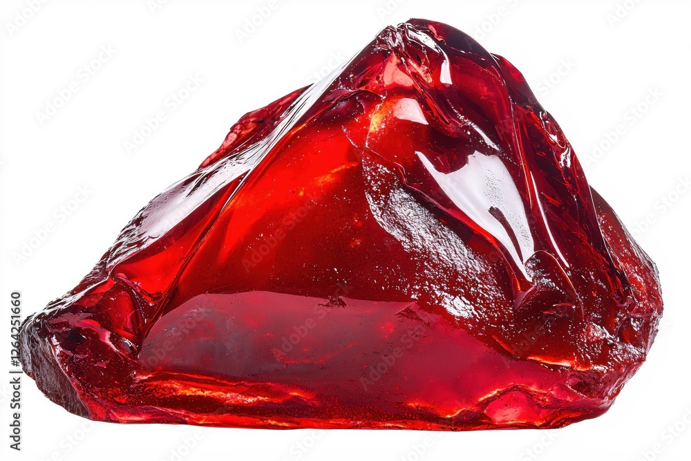 Poster translucent red glass rock formation gleaming with light on a clean white background studio shot