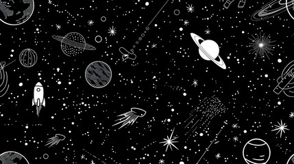 A whimsical illustration of outer space featuring planets, rockets, and celestial objects on a black background