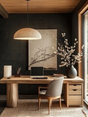 Elegant home office featuring wooden desk and ambient lighting