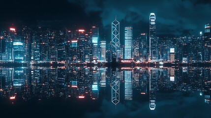 Futuristic Cityscape at Night with Reflection on Water in Urban Skyline View