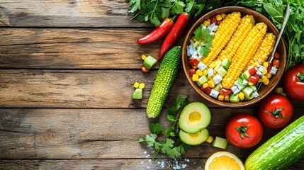 Vibrant Corn Salad with Fresh Vegetables on Rustic Wooden Table a Healthy and Colorful Meal