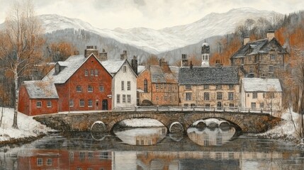 Winter Serenity Cityscape Reflection of Buildings on Calm Water under Snow Covered Mountains an Artistic Impression