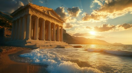 Obraz premium Coastal Temple Sunset Waves crash on ancient ruins at golden hour; travel, history