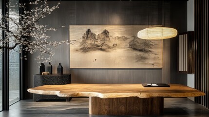 Elegant interior features a raw edge table and landscape painting