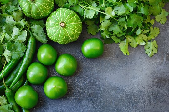 Fresh green tomatillos cilantro and jalapenos on a dark textured surface vibrant and bright